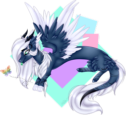 Size: 1024x938 | Tagged: safe, artist:adakola, imported from derpibooru, oc, oc only, butterfly, draconequus, pony, abstract background, simple background, solo, tongue out, transparent background
