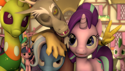 Size: 1280x720 | Tagged: safe, artist:johnsilents, imported from derpibooru, discord, princess celestia, spike, starlight glimmer, thorax, trixie, twilight sparkle, alicorn, changedling, changeling, draconequus, dragon, pony, unicorn, 3d, annoyed, king thorax, looking at you, one eye closed, reformed four, source filmmaker, trixie is not amused, twilight sparkle (alicorn), wink