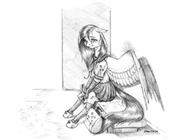 Size: 1400x1118 | Tagged: safe, artist:baron engel, imported from derpibooru, fluttershy, pegasus, pony, semi-anthro, bench, clothes, female, grayscale, mare, monochrome, pencil drawing, school uniform, simple background, sitting, skirt, solo, traditional art, white background