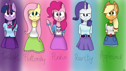 Size: 3840x2160 | Tagged: safe, artist:vicakukac200, imported from derpibooru, applejack, fluttershy, pinkie pie, rarity, twilight sparkle, alicorn, anthro, arm hooves, clothes, cowboy hat, equestria girls outfit, female, hat, looking at you, mare, stetson, twilight sparkle (alicorn)