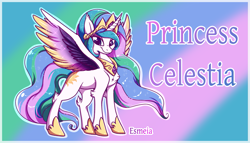 Size: 1797x1031 | Tagged: safe, artist:esmeia, imported from derpibooru, princess celestia, alicorn, pony, abstract background, chest fluff, crown, female, hoof shoes, jewelry, looking at you, mare, peytral, regalia, smiling, solo, spread wings, wings