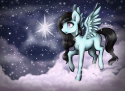 Size: 2389x1748 | Tagged: safe, artist:cvanilda, imported from derpibooru, oc, oc only, oc:sky secret, pony, cloud, collar, solo, stars