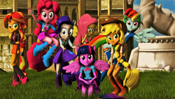 Size: 3840x2160 | Tagged: safe, artist:dj-chopin, artist:timetimeout, imported from derpibooru, applejack, fluttershy, pinkie pie, rainbow dash, rarity, sunset shimmer, twilight sparkle, alicorn, equestria girls, 3d, boots, bowtie, bracelet, clothes, compression shorts, cowboy boots, cowboy hat, cute, denim skirt, grass, hat, high heel boots, horse statue, humane five, humane seven, humane six, jackabetes, jacket, jewelry, leather jacket, leg warmers, legs, looking at you, ponied up, pony ears, ponytail, skirt, skirt lift, sleeveless, socks, source filmmaker, statue, stetson, tanktop, twilight sparkle (alicorn), waving, wings, wristband