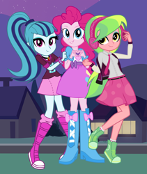 Size: 2760x3272 | Tagged: safe, artist:bubblestormx, artist:darthlena, artist:invisibleone11, artist:themexicanpunisher, imported from derpibooru, lemon zest, pinkie pie, sonata dusk, equestria girls, balloon, boots, bracelet, clothes, cute, headphones, heart hands, high heel boots, jewelry, necktie, pendant, ponytail, raised leg, shoes, skirt, smiling, socks, spikes