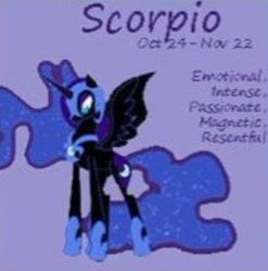 Size: 476x481 | Tagged: safe, artist:funfunland22, imported from derpibooru, nightmare moon, alicorn, pony, female, needs more jpeg, purple background, scorpio, simple background, solo, wings, zodiac