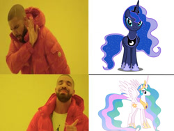 Size: 600x450 | Tagged: safe, imported from derpibooru, princess celestia, princess luna, alicorn, pony, background pony strikes again, drake, drama bait, female, hotline bling, irl, luna hate, male, meme, op is a duck, photo, rejection