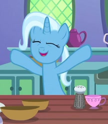 Size: 702x807 | Tagged: safe, imported from derpibooru, screencap, trixie, pony, unicorn, all bottled up, bowl, cropped, cup, cute, diatrixes, eyes closed, female, food, mare, open mouth, pepper, solo, teacup