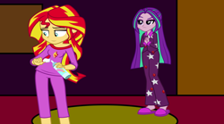 Size: 1500x833 | Tagged: safe, artist:aliciathefox231, artist:ktd1993, artist:zuko42, imported from derpibooru, aria blaze, sunset shimmer, equestria girls, alternate hairstyle, can, clasped hands, clothes, female, food, lesbian, loose hair, pajamas, shipping, slippers, sunblaze, whipped cream