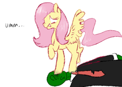 Size: 812x583 | Tagged: artist needed, safe, imported from derpibooru, fluttershy, oc, oc:anon, pony, simple background, trampling, white background