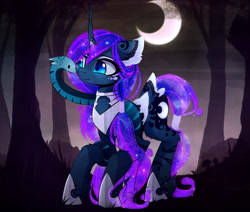 Size: 1666x1411 | Tagged: dead source, safe, artist:magnaluna, imported from derpibooru, princess luna, alicorn, pony, snake, alternate design, color porn, crescent moon, curved horn, duo, ear fluff, female, forest, galaxy mane, leg fluff, mare, missing accessory, moon, smiling, tail wrap, tree