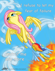 Size: 720x937 | Tagged: safe, artist:aviators, artist:texasuberalles, imported from derpibooru, fluttershy, rainbow dash, pegasus, pony, aviators, badass, duo, explosion, fear of flight, flutterbadass, flying, holding, looking away, lyrics, rescue, song reference, spread wings, text, the font is chalkboard thank you very much, wings