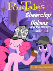 Size: 1998x2682 | Tagged: artist needed, safe, edit, imported from derpibooru, pinkie pie, twilight sparkle, earth pony, pony, unicorn, series:pony tales, detective, eyes closed, female, hat, mare, parody, parody of a parody, raised hoof, sherlock holmes, sherlock pie, song in the comments, unamused, veggietales