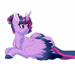 Size: 3500x3000 | Tagged: safe, artist:scarletskitty12, imported from derpibooru, twilight sparkle, alicorn, pony, chest fluff, colored wings, colored wingtips, ear fluff, female, hair bun, looking back, mare, prone, simple background, smiling, solo, twilight sparkle (alicorn), white background