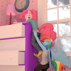 Size: 1500x1500 | Tagged: safe, artist:tahublade7, imported from derpibooru, pinkie pie, rainbow dash, anthro, earth pony, pegasus, plantigrade anthro, 3d, accidental exposure, assisted exposure, clock, clothes, cupcake underwear, female, filly, filly pinkie pie, filly rainbow dash, heart, heart print underwear, missing shoes, panties, pants, pantsing, pink underwear, pulling, room, silly panties, socks, underwear