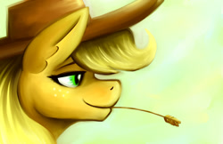 Size: 1224x792 | Tagged: safe, artist:gingersnap913, deleted from derpibooru, imported from derpibooru, applejack, earth pony, pony, bust, female, mare, portrait, profile, smiling, solo, straw, straw in mouth