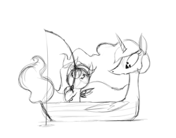 Size: 4200x3300 | Tagged: safe, artist:talonsofwater, imported from derpibooru, princess celestia, scootaloo, alicorn, pony, absurd resolution, boat, female, fishing, fishing rod, link, mare, monochrome, the legend of zelda