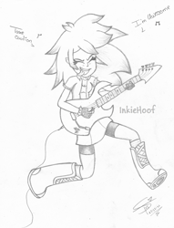 Size: 1640x2144 | Tagged: safe, artist:tonystorm12, imported from derpibooru, rainbow dash, equestria girls, rainbow rocks, awesome as i want to be, clothes, compression shorts, electric guitar, eyes closed, female, guitar, jacket, jumping, licking, monochrome, musical instrument, rock, rock (music), rocking, skirt, solo, tongue out