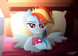 Size: 1952x1403 | Tagged: safe, artist:pedrohander, imported from derpibooru, rainbow dash, pony, bed, bedroom eyes, female, lip bite, phone, solo, spread wings, story included, wings