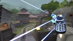 Size: 1280x720 | Tagged: safe, artist:horsesplease, imported from derpibooru, party favor, 3d, crossover, dalek, derp, doctor who, flying, frying pan, gmod, happy, i didn't listen, laser, smiling