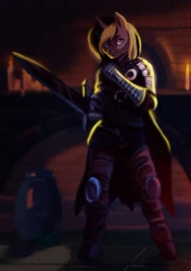 Size: 500x711 | Tagged: safe, artist:eri-yo, imported from derpibooru, oc, oc only, oc:mitternacht von kloudette, anthro, unguligrade anthro, unicorn, abyss watcher, armor, clothes, cosplay, costume, dark souls, dark souls 3, fantasy, solo, sword, weapon