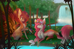 Size: 3000x2000 | Tagged: safe, artist:monogy, imported from derpibooru, oc, oc only, oc:sam lavinya, oc:sunset scratch, original species, pony, female, high res, mare, prone, sitting, waterfall