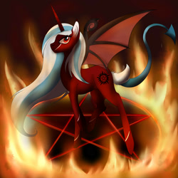 Size: 1997x2000 | Tagged: safe, artist:nightflash-x, imported from derpibooru, oc, oc only, alicorn, demon pony, pony, demon tail, devil tail, dragon wings, fire, pentagram, solo, stars