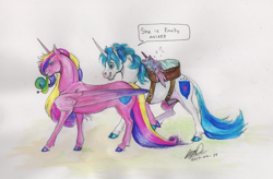 Size: 1024x671 | Tagged: safe, artist:sagastuff94, imported from derpibooru, princess cadance, princess flurry heart, shining armor, whammy, classical unicorn, pony, unicorn, cloven hooves, colored hooves, family, female, leonine tail, male, mare, mouth hold, nudity, realistic anatomy, realistic horse legs, sheath, simple background, sleeping, stallion, traditional art, unshorn fetlocks, z, zzz