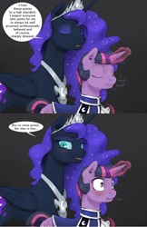 Size: 1280x1980 | Tagged: safe, artist:silfoe, imported from derpibooru, nightmare moon, twilight sparkle, pony, unicorn, moonsetmlp, alternate timeline, blushing, clothes, eyes on the prize, female, gray background, lesbian, scrunchy face, shipping, simple background, twimoon, unicorn twilight, uniform