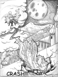 Size: 1024x1365 | Tagged: safe, artist:tillie-tmb, imported from derpibooru, nightmare moon, princess celestia, pony, comic:the amulet of shades, comic, magic, monochrome, moon, night