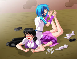 Size: 2786x2153 | Tagged: safe, artist:shinta-girl, imported from derpibooru, dj pon-3, octavia melody, vinyl scratch, equestria girls, blushing, bowtie, breasts, clothes, couple, crying, eyes closed, feet, female, fetish, foot fetish, lesbian, mary janes, scratchtavia, shipping, shoes, sitting on person, sneakers, socks, tickle fetish, tickle torture, tickling
