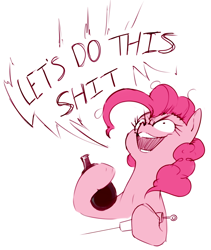 Size: 1396x1651 | Tagged: safe, artist:sand-filled-scarecrow, deleted from derpibooru, imported from derpibooru, pinkie pie, pony, crazy face, faic, silly, silly pony, simple background, solo, syringe, vulgar, white background, yelling