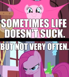 Size: 1280x1428 | Tagged: safe, imported from derpibooru, pinkie pie, pony, angry, cynical, happy, image macro, meme, out of character, pinkamena diane pie