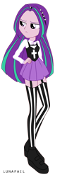Size: 572x1500 | Tagged: safe, artist:myumlamy, imported from derpibooru, aria blaze, human, equestria girls, alternate hairstyle, clothes, cross, female, frown, garter belt, garters, hairband, hand on hip, loose hair, microskirt, miniskirt, pastel goth, platform shoes, pleated skirt, shoes, simple background, skirt, socks, solo, spikes, standing, stockings, stripes, thigh highs, thigh socks, transparent background