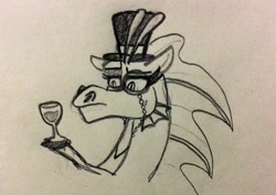 Size: 1936x1367 | Tagged: safe, artist:arandomperson44, imported from derpibooru, adagio dazzle, siren, equestria girls, alcohol, antennae, bust, classy, clothes, fancy, female, fins, formal, formal wear, glass, hat, monocle, pencil drawing, portrait, raised eyebrow, sketch, slit eyes, slit pupils, solo, top hat, traditional art, wine, wine glass