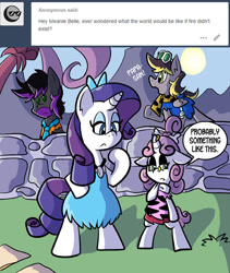 Size: 576x684 | Tagged: safe, artist:pembroke, imported from derpibooru, rarity, sweetie belle, oc, oc:aero, oc:warden, pegasus, pony, unicorn, ask meanie belle, aero replies, ask, beard, bipedal, cave pony, cavegirl, caveman, cavemare, cavewoman, clothes, colt, dress, facial hair, grand dad, horn piercing, loincloth, male, meanie belle, nose piercing, nose ring, offspring, parent:derpy hooves, parent:oc:warden, parents:canon x oc, parents:warderp, piercing, pitfall rarity, speech bubble, stallion, the flintstones, tumblr