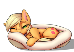 Size: 2550x1800 | Tagged: safe, artist:captainpudgemuffin, imported from derpibooru, applejack, earth pony, pony, alternate hairstyle, applecat, behaving like a cat, collar, commission, cute, female, implied lesbian, implied rarijack, implied shipping, jackabetes, looking at you, pet bed, pixie cut, solo