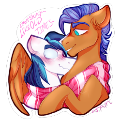 Size: 2500x2500 | Tagged: safe, artist:ihasjessie-kat, imported from derpibooru, shining armor, spearhead, pegasus, pony, unicorn, a flurry of emotions, blushing, clothes, cuddling, gay, male, scarf, shipping, spearmor, stallion