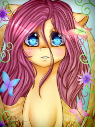 Size: 768x1024 | Tagged: safe, artist:wolfchen999, imported from derpibooru, fluttershy, pegasus, pony, blue eyes, colored pupils, female, flower, looking at you, mare, solo