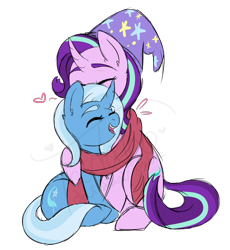 Size: 840x912 | Tagged: safe, artist:toods, imported from derpibooru, starlight glimmer, trixie, pony, unicorn, accessory swap, clothes, commission, couple, cute, diatrixes, duo, eyes closed, female, fluffy, glimmerbetes, happy, hat, heart, hug, lesbian, open mouth, scarf, shared clothing, shared scarf, shipping, simple background, sitting, size difference, smiling, startrix, transparent background, trixie's hat, watermark