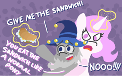 Size: 567x357 | Tagged: safe, artist:threetwotwo32232, imported from derpibooru, princess celestia, star swirl the bearded, alicorn, pony, two best sisters play, female, food, magic, mare, patlestia, pink-mane celestia, sandwich, telekinesis, two best friends play