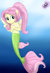 Size: 1000x1450 | Tagged: safe, artist:liniitadash23, imported from derpibooru, fluttershy, mermaid, seapony (g4), equestria girls, my little pony: the movie, alternate hairstyle, belly button, clothes, female, fin wings, fins, mermaid tail, mermaidized, ponied up, pony ears, seaponified, seapony fluttershy, show accurate, smiling, solo, species swap, spread wings, underwater, watershy, wings