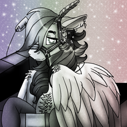 Size: 1550x1550 | Tagged: safe, artist:brainiac, imported from derpibooru, rainbow dash, bridle, chest fluff, clothes, ear piercing, earring, feather, female, floppy ears, glitter, implied lesbian, implied shipping, implied twidash, jewelry, monochrome, piercing, present, simple background, socks, solo, sparkles, stars, tack, wing fluff