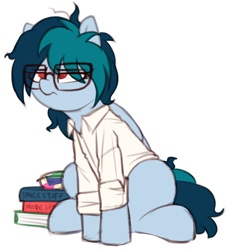 Size: 1066x1176 | Tagged: safe, artist:shinodage, imported from derpibooru, oc, oc only, oc:delta vee, pegasus, pony, book, clothes, cute, female, glasses, mare, sitting, solo, tinyface, unamused, young