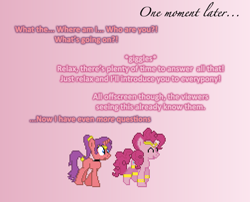 Size: 504x408 | Tagged: safe, artist:verve, imported from derpibooru, pinkie pie, oc, oc:dream dancer, earth pony, genie, pony, unicorn, ain't never had friends like us, armband, collar, gradient background, headband, leg brace, ponytail, shantae, shantae (character), tail wrap, tumblr, veil