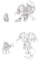 Size: 579x899 | Tagged: safe, artist:dalekolt, imported from derpibooru, griffon, pony, female, filly, food chain, griffonized, herbivore vs carnivore, male, mare, metroid, monochrome, ponified, predator, prey, ridley, samus aran, species swap