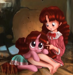 Size: 1054x1079 | Tagged: source needed, useless source url, safe, artist:darkstylerz, imported from derpibooru, human, pony, unicorn, ammunition, barefoot, clothes, cute, dress, feet, female, filly, human female, human ponidox, mai waifus have met, olive oyl (princess maker), ponified, princess maker, rocket, ruins, self ponidox, soles, toes