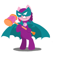 Size: 841x815 | Tagged: safe, artist:mrponiator, imported from derpibooru, oc, oc only, oc:marker pony, pony, 4chan, bipedal, boop, cape, clothes, costume, grin, hammer, lineless, mask, mlpg, simple background, smiling, solo, superhero, white background