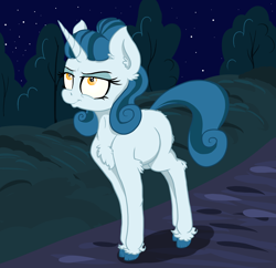 Size: 2156x2089 | Tagged: safe, artist:paskanaakka, derpibooru exclusive, imported from derpibooru, oc, oc only, oc:cerulean swirls, pony, unicorn, chest fluff, colored hooves, ear fluff, night, solo, stars, tree, unshorn fetlocks
