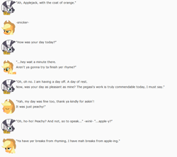 Size: 850x755 | Tagged: safe, artist:dziadek1990, imported from derpibooru, applejack, zecora, earth pony, pony, zebra, blonde, conversation, cowboy hat, dialogue, ear piercing, earring, emote story, emotes, green eyes, hat, jewelry, mohawk, necklace, piercing, ponytail, pun, reddit, slice of life, smiling, smirk, text, wordplay