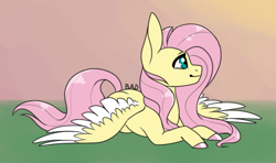 Size: 600x356 | Tagged: safe, artist:blitsazalisdash, artist:yanie-the-brown-pone, color edit, edit, imported from derpibooru, fluttershy, pegasus, pony, collaboration, colored, female, mare, prone, smiling, solo